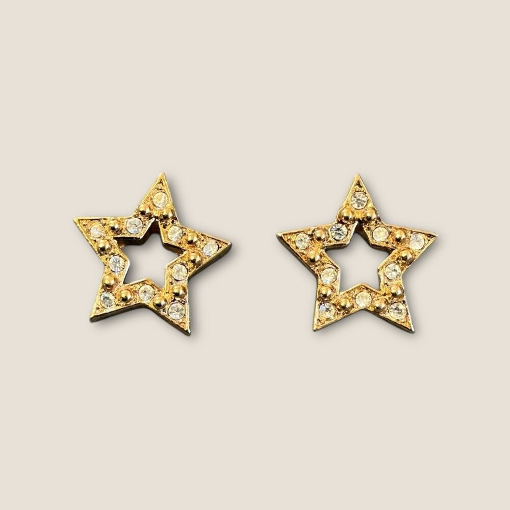 Avon Gold-Tone Star Shaped Stud Earrings With Rhinestones